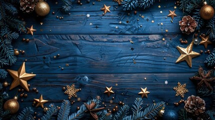 a dark blue wooden background with christmas decorations, stars and snowflakes on the sides
