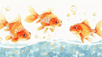 Wall Mural - Illustration of three vibrant orange goldfish swimming together with clusters of bubbles, highlighting the grace and beauty of underwater life in a playful manner.