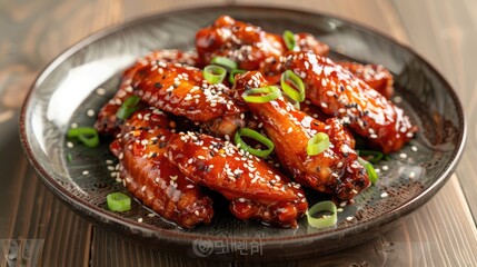Wall Mural - Korean gochujang-glazed chicken wings - Spicy Korean gochujang-glazed chicken wings, garnished with sliced green onions and sesame seeds, served on a modern plate