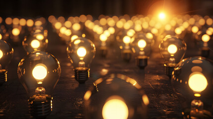 Wall Mural - many incandescent light bulbs on black background