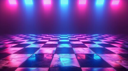 vibrant neon lights on an empty disco dance floor with checkered tiles glowing blue