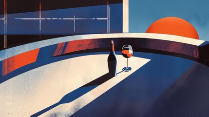 Wall Mural - Illustration of a wine bottle and a wine glass in a retro style