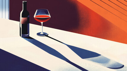 Wall Mural - Illustration of a wine bottle and a wine glass in a retro style