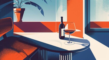 Wall Mural - Illustration of a wine bottle and a wine glass in a retro style