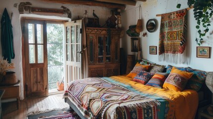 Wall Mural - A bedroom with a rustic wooden bed, decorated with colorful textiles, creating a cozy and inviting atmosphere.