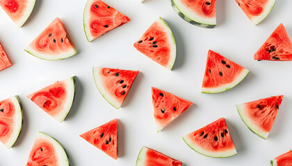 Wall Mural - Green watermelon slices arranged in a pattern on a white background