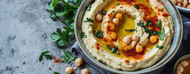 Poster - Homemade creamy hummus spread in bowl on gray aged table background