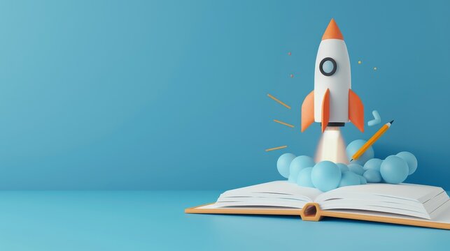 Minimal background for online education concept. Launching pencil rocket and open book on blue background. 3d rendering illustration. Clipping path of each element included. 