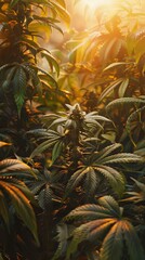 Wall Mural - Cannabis plants in warm sunlight, cultivation concept