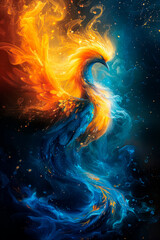 Wall Mural - Phoenix on fire in blue and yellow colors symbol of rebirth