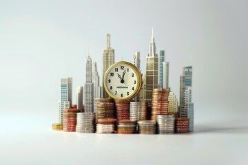 Poster - Globalization concept depicted with towers of coins and clock.