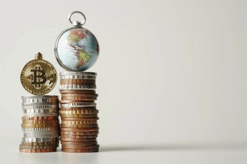 Poster - Globalization concept depicted with towers of coins and clock.