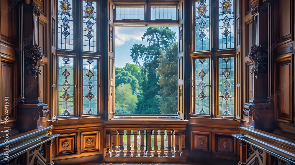 ornate window frame in a historic manor, with carved wood and leaded ...