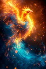 Wall Mural - Phoenix on fire in blue and yellow colors symbol of rebirth