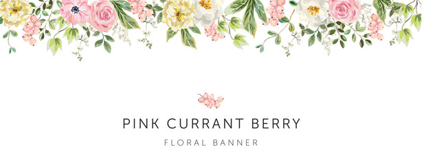 Wall Mural - Pink currant berries, roses, peony flowers, green leaves, white background. Banner template with text. Vector illustration. Floral arrangement. Summer border design 