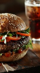 Wall Mural - Juicy cheeseburger with fresh vegetables on a wooden table, close-up. Gourmet meal and culinary delight concept