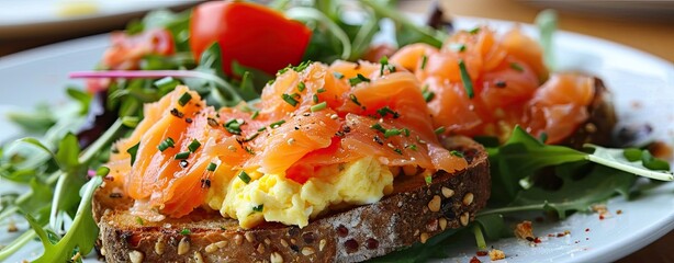 Wall Mural - Smoked salmon and scrambled egg on toast with salad, healthy breakfast