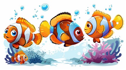 Wall Mural - This image features bright clownfish swimming amid bubbles in the sea, creating a vivid, colorful, and lively underwater scene that captures the beauty of marine life.