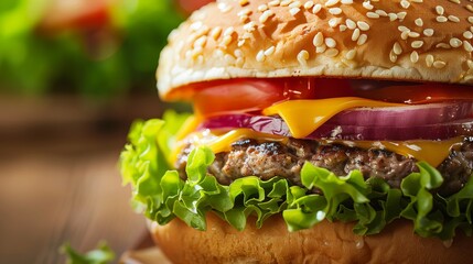 Wall Mural - Close-up of a juicy cheeseburger with fresh vegetables and sesame seed bun, colorful and appetizing fast food concept