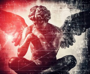 Wall Mural - ai generated illustration of a winged statue with a futuristic overlay and red lighting
