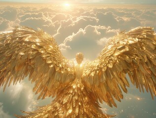 Poster - AI generated illustration of a golden angelic figure with wings spread wide