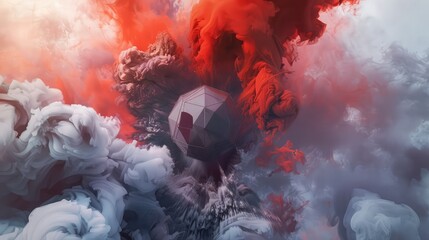 A swirling explosion of scarlet and grey smoke, incorporating a floating 3D geometric sphere in the center