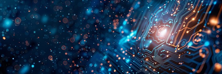 Poster - Digital circuit board glowing light effects background, flow of information in modern technology