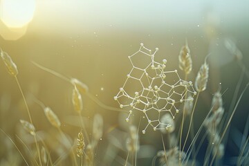 Poster - Delicate Hexagonal Molecule Adorned With Dots Rests on Wheat Field Background