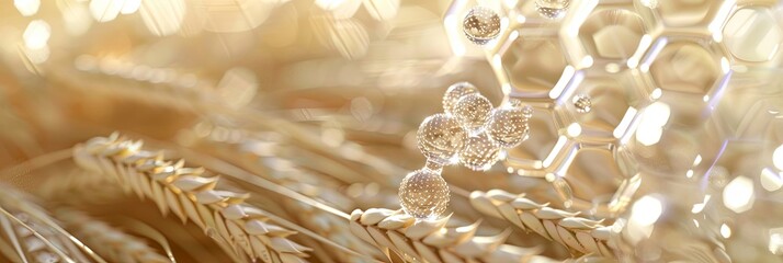 Poster - Hexagonal molecule with tiny dots gently lying background smooth wheat stalks, soothing composition