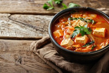 Wall Mural - Korean food  Korean food  Kimchi soup with tofu in a bowl on wooden background