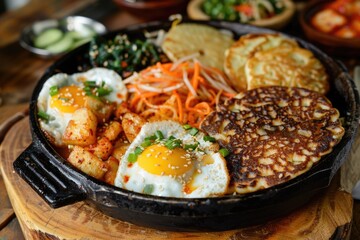 Wall Mural - Korean traditional food  Bibimbap and pancakes Jeon