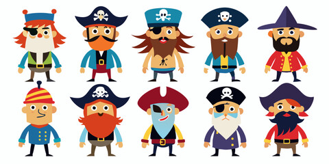 Colorful cartoon pirates isolated on a white background. Concept of pirate characters, seafaring adventurers, humorous style, fun kids' illustration. Print, design element, graphic art.