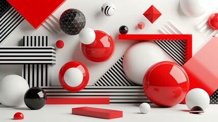 Wall Mural - 3D rendering of a surreal abstract scene with floating geometric shapes in red, black, and white colors.