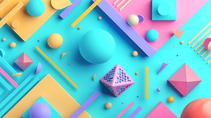 Wall Mural - This is a 3D rendering of a colorful geometric background. The image features an array of spheres, cubes, and other geometric shapes in bright colors.