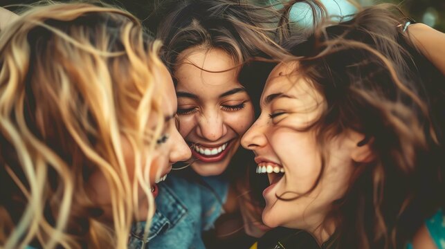 Three young women are laughing and hugging each other. They are all wearing casual clothes and have their hair down.