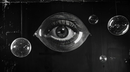 Wall Mural - Vintage Black and White Eye Art with Bubbles