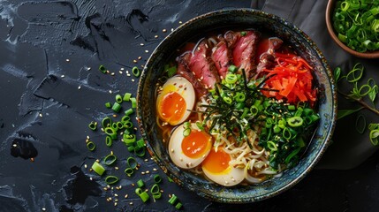 Wall Mural - top view food photography of Japanese ramen in a bowl.