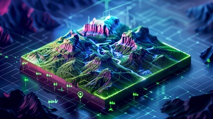 Aufkleber - Futuristic digital landscape with mountains and glowing grid background. Vibrant colors and modern style. Perfect for tech-related themes, sci-fi visuals, and conceptual art. AI