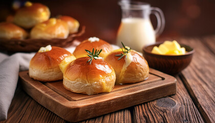 Wall Mural - Soft dinner buns on wooden board. Tasty and fresh bakery. Culinary concept. Delicious food. Close-up