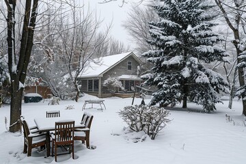 Wall Mural - Back yard of house, trees and standing outdoor furniture covered in snow. Snowy winter day, cold weather season