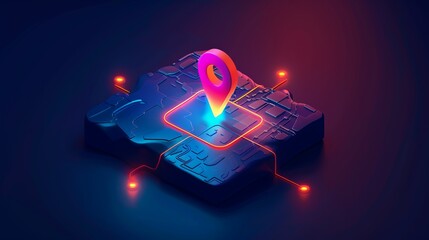 Poster - Futuristic GPS location marker on digital map. Glowing tech style with vibrant colors. AI generated design for tech, navigation, and digital interfaces. Illustration of innovation and connectivity. AI