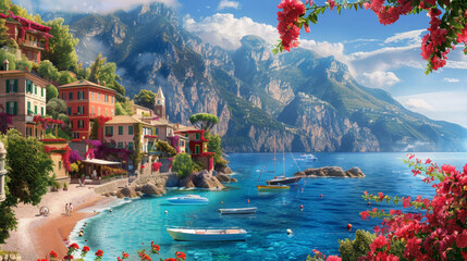 Wall Mural - Beautiful village by the sea, mountains in the background, flowers and boats on the beach