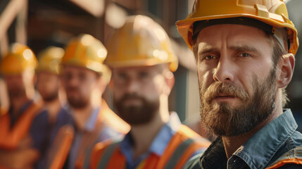 team of construction workers in helmets