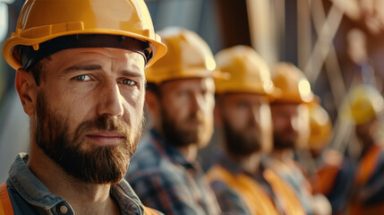 Canvas Print - team of construction workers in helmets