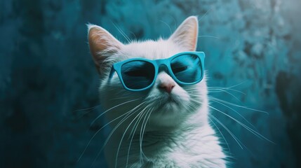 Wall Mural - British white cat in blue sunglasses against dark backdrop