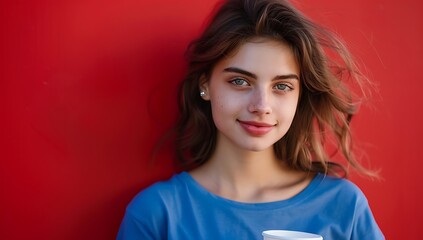 Wall Mural - Happy young woman in blue tshirt holding coffee cup isolated on red background