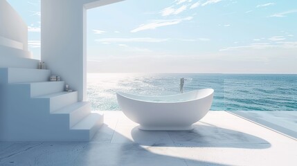 Poster - Bathtub with white steps, beautiful views of the ocean, geometry-inspired, mediterranean, pop