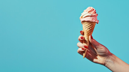 Poster - A woman's hand holds an ice cream cone with a blue background.