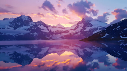 Wall Mural - Sunset over snow-capped mountains reflecting on lake