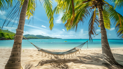 Wall Mural - Beach with hammock between palm trees and ocean